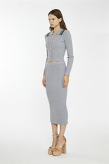 Grey-Marl Rib-Knit Midi-Skirt