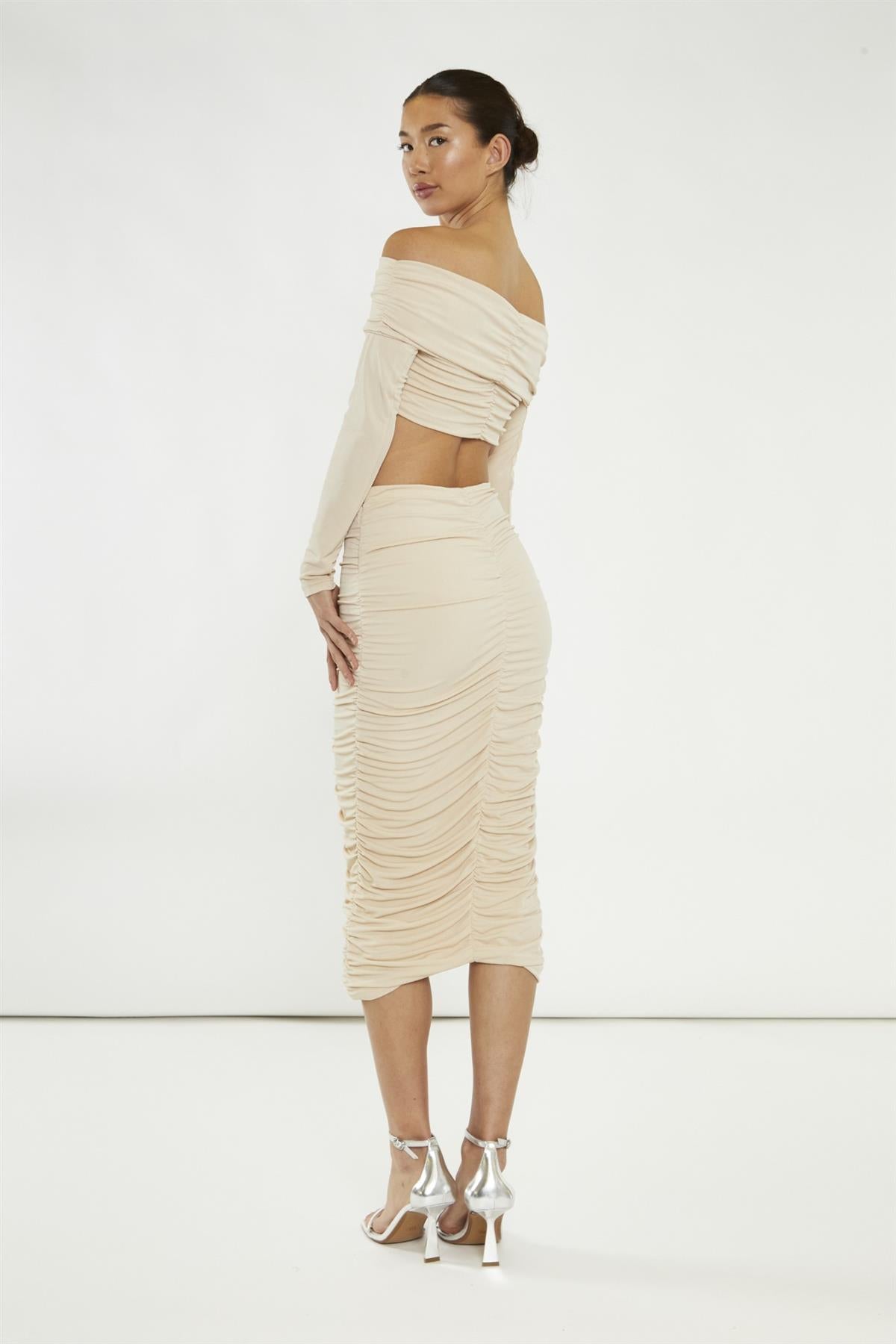 Nude Ruched Midi-Skirt