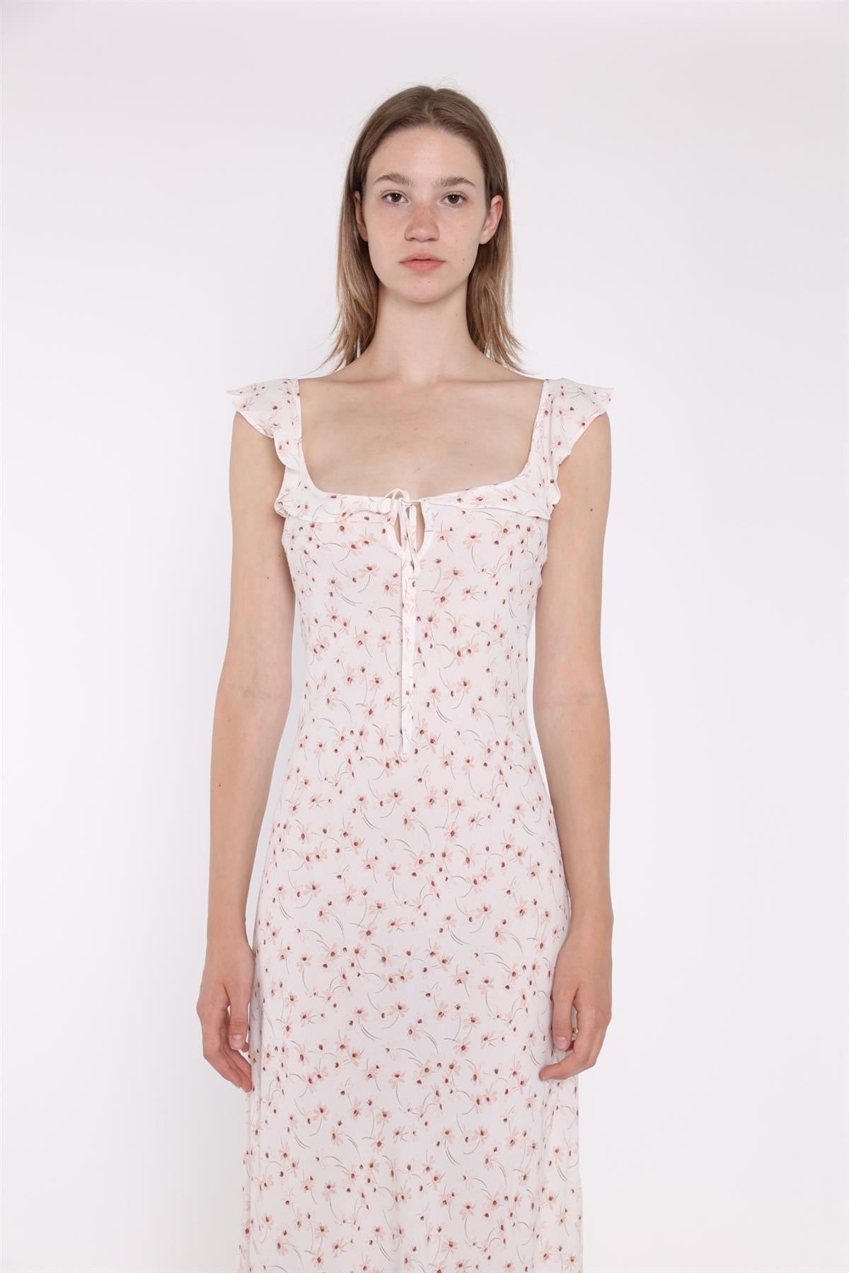 White-Base Floral Ruffle Neck Midaxi-Dress