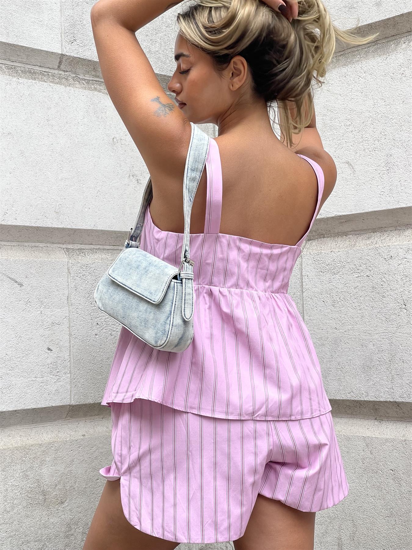 Pink Vertical-Stripe Tie-Front Smock-Top