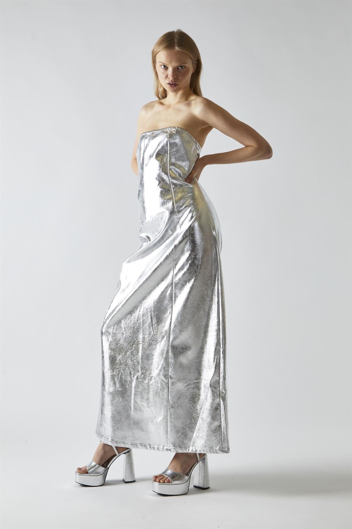 Silver-PU Bandeau Maxi-Dress