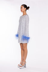 Silver-Sequin Blue Feather-Cuff Mini-Dress