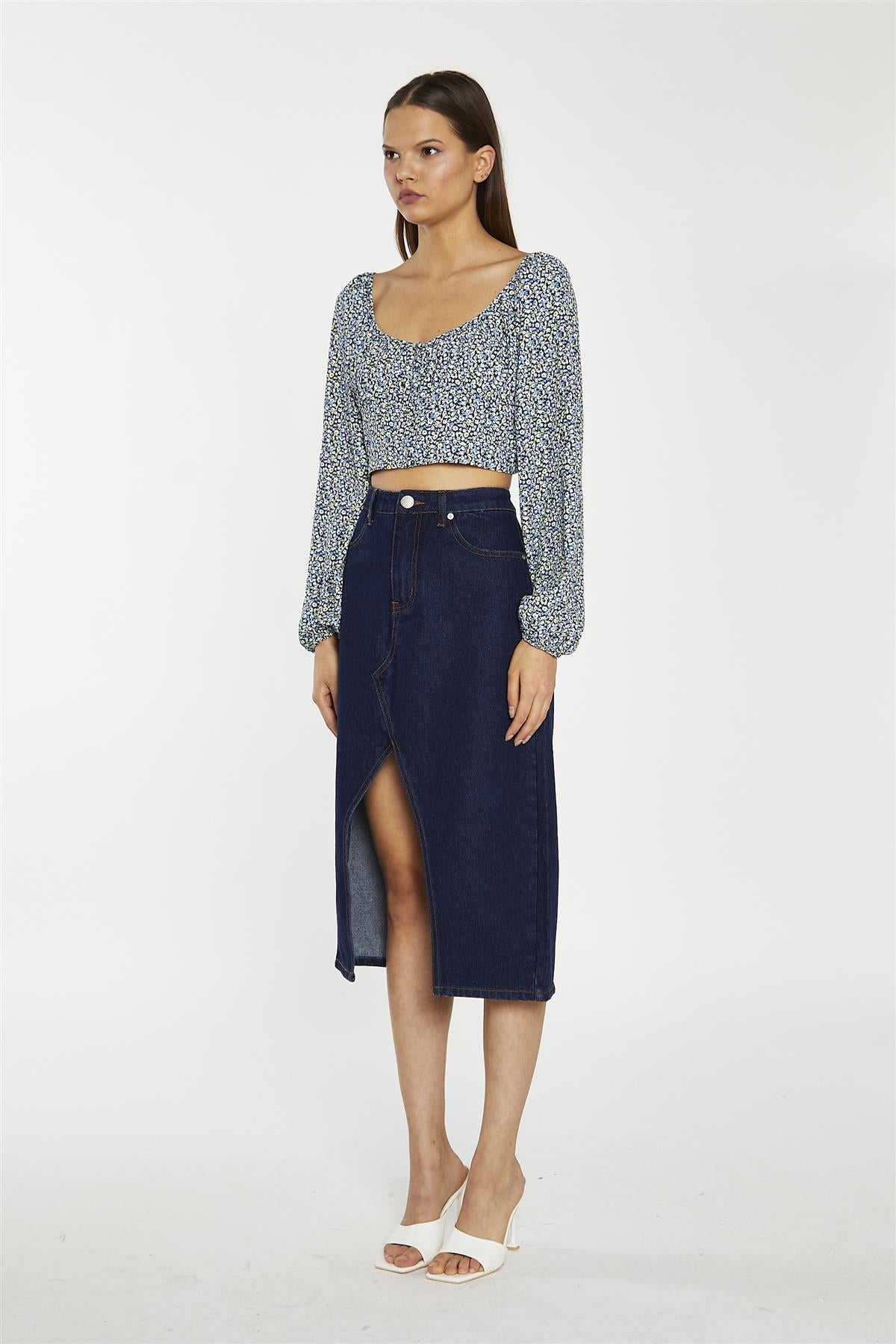 Indigo-Wash Denim Midi-Skirt