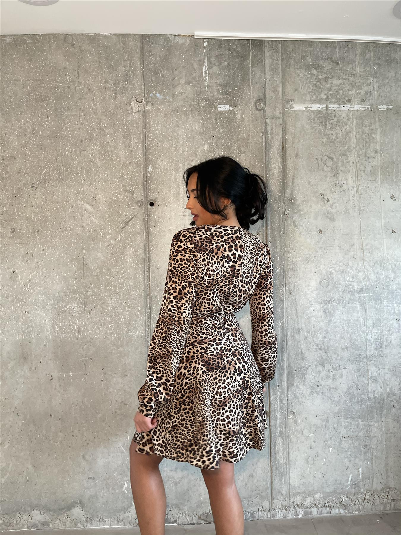 Brown - Natural Leopard Tie-Wrap Midi-Dress