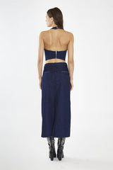 Indigo-Blue Front Split Denim Maxi-Skirt