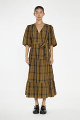 Olive-Check Wrap Midi-Dress