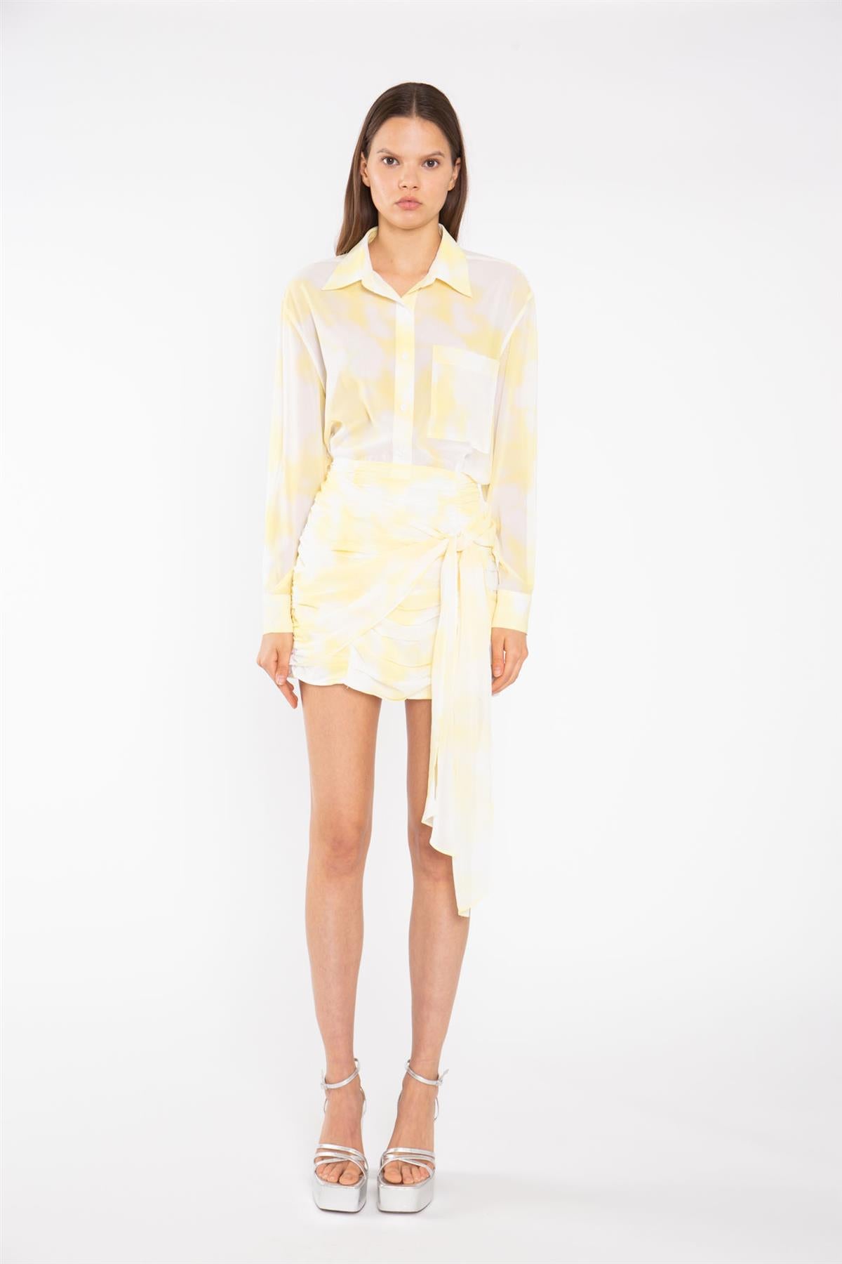 Yellow Print-Chiffon Ruched Tie-Front Mini-Skirt