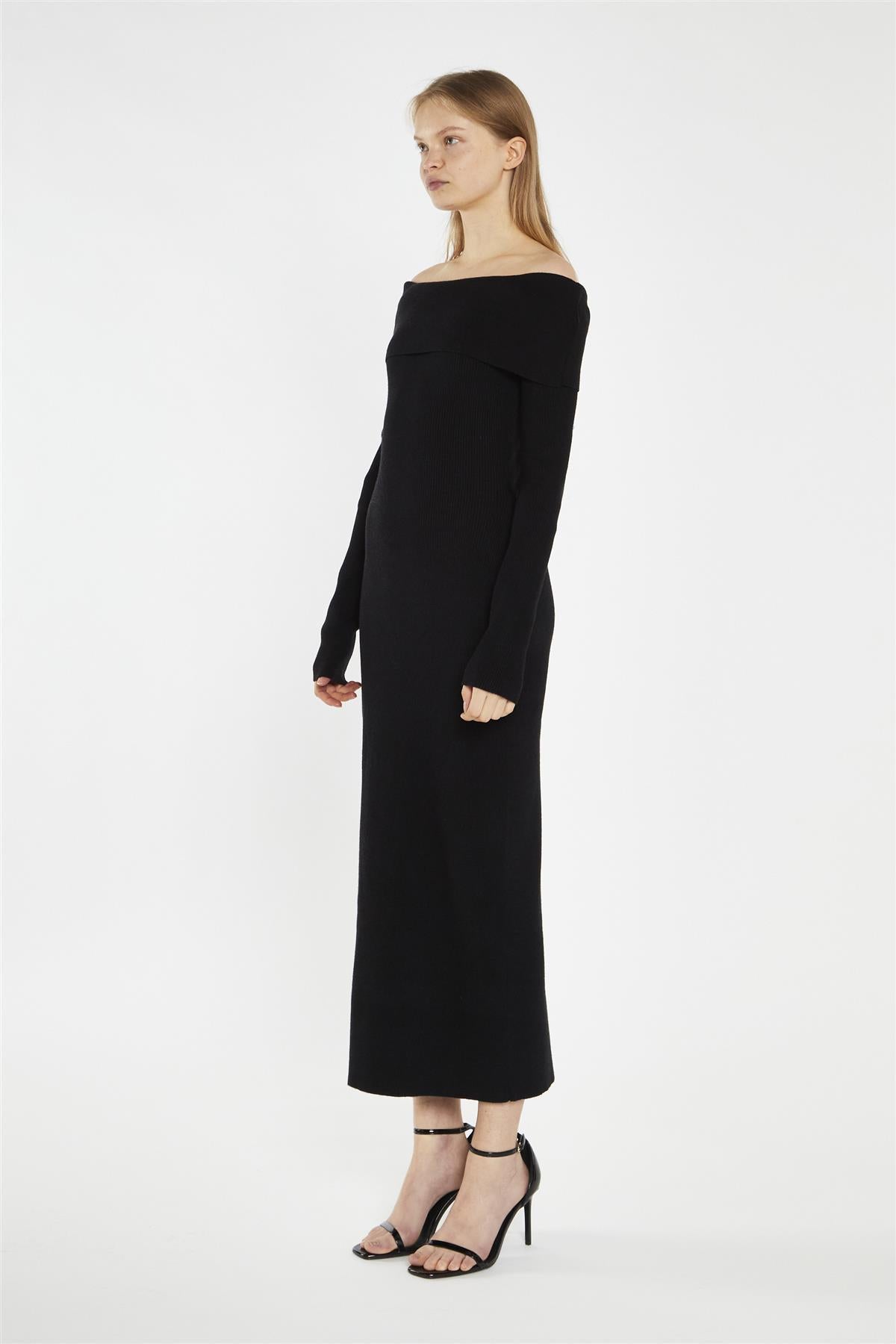 Black Bardot Knitted Midi-Dress