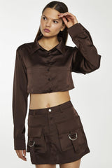 Brown-Satin Open-Back Crop-Shirt