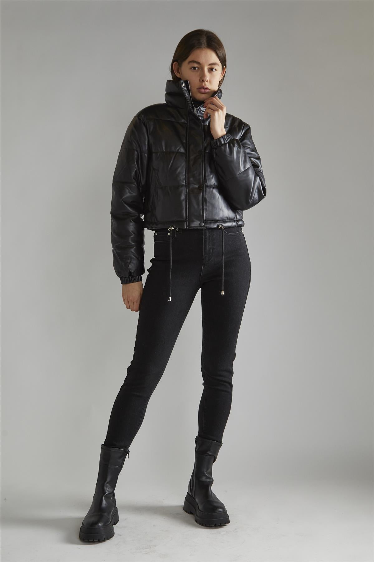 Black PU Puffer Cropped-Jacket