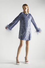 Blue-Sequin Feather Cuff Mini-Dress