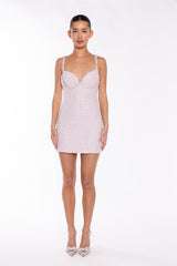 Pink-White Tweed Diamante Trim Mini-Dress