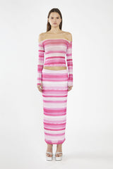 Pink Ombre-Stripe Mesh Bodycon Maxi-Skirt