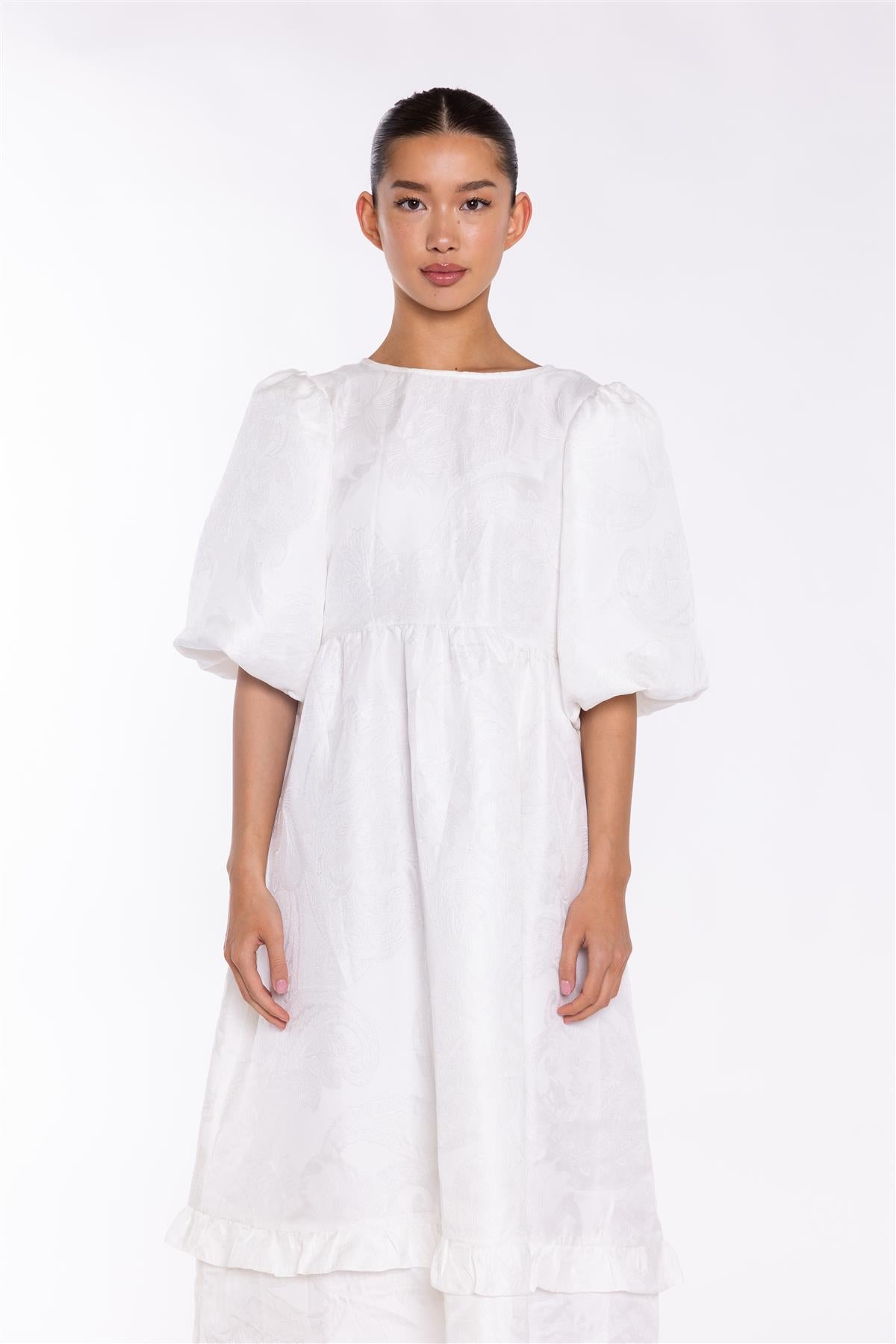 Off-White Brocade Tiered Tie-Back Midi-Dress