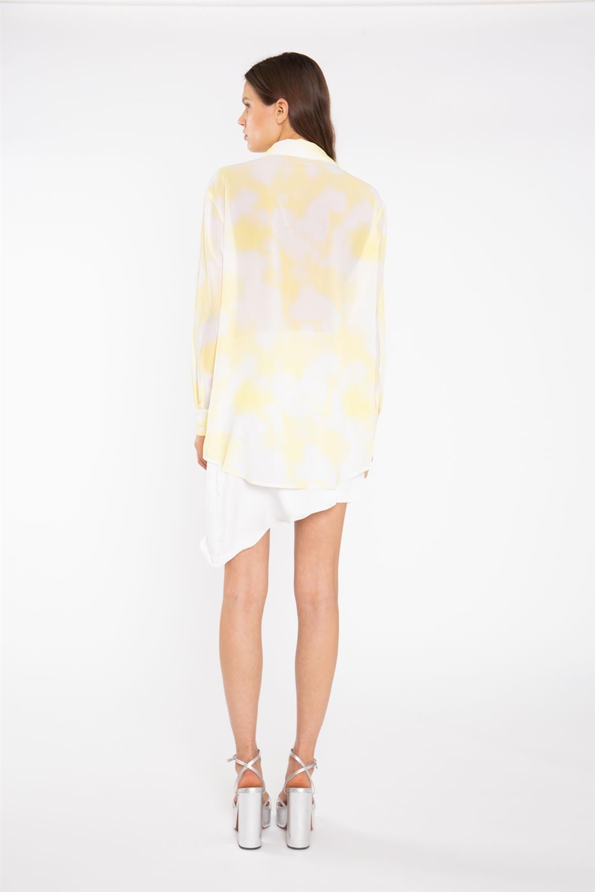 Yellow Print-Chiffon Button Down Classic-Shirt