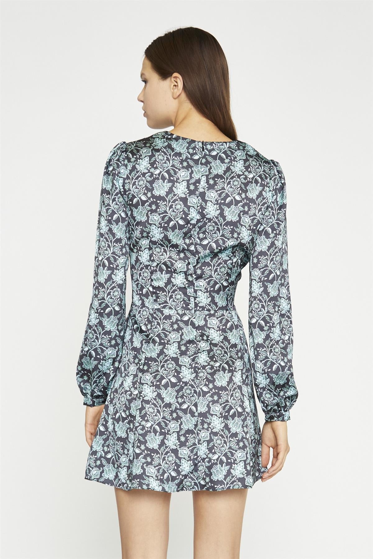 Black-Mint Paisley Sateen Long Sleeve Tea Mini-Dress