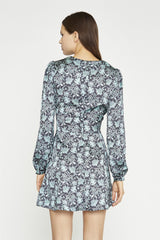 Black-Mint Paisley Sateen Long Sleeve Tea Mini-Dress