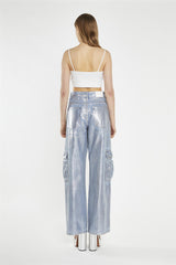 Blue Silver-Foil Wide-Leg Cargo-Jeans