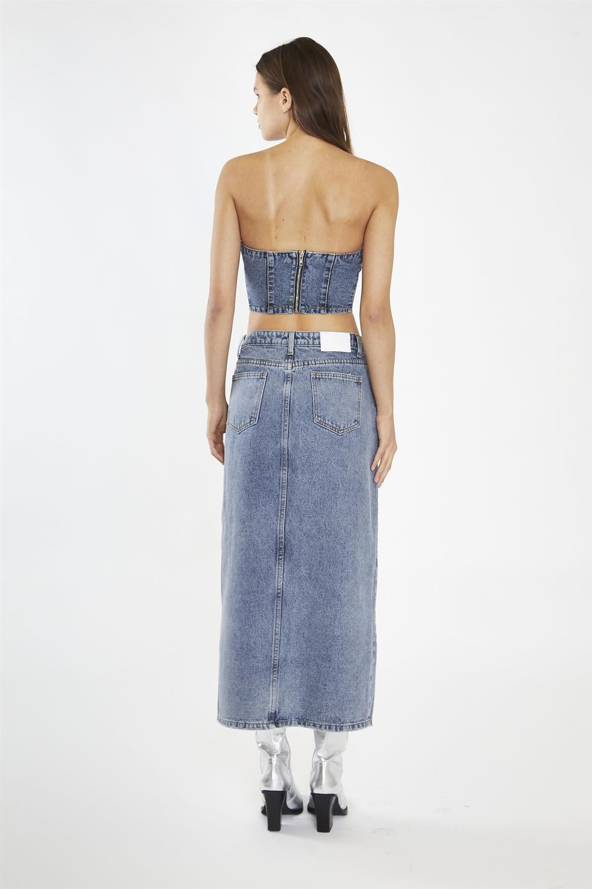 Heavy-Vintage Wash Front-Split Distressed Denim Midi-Skirt