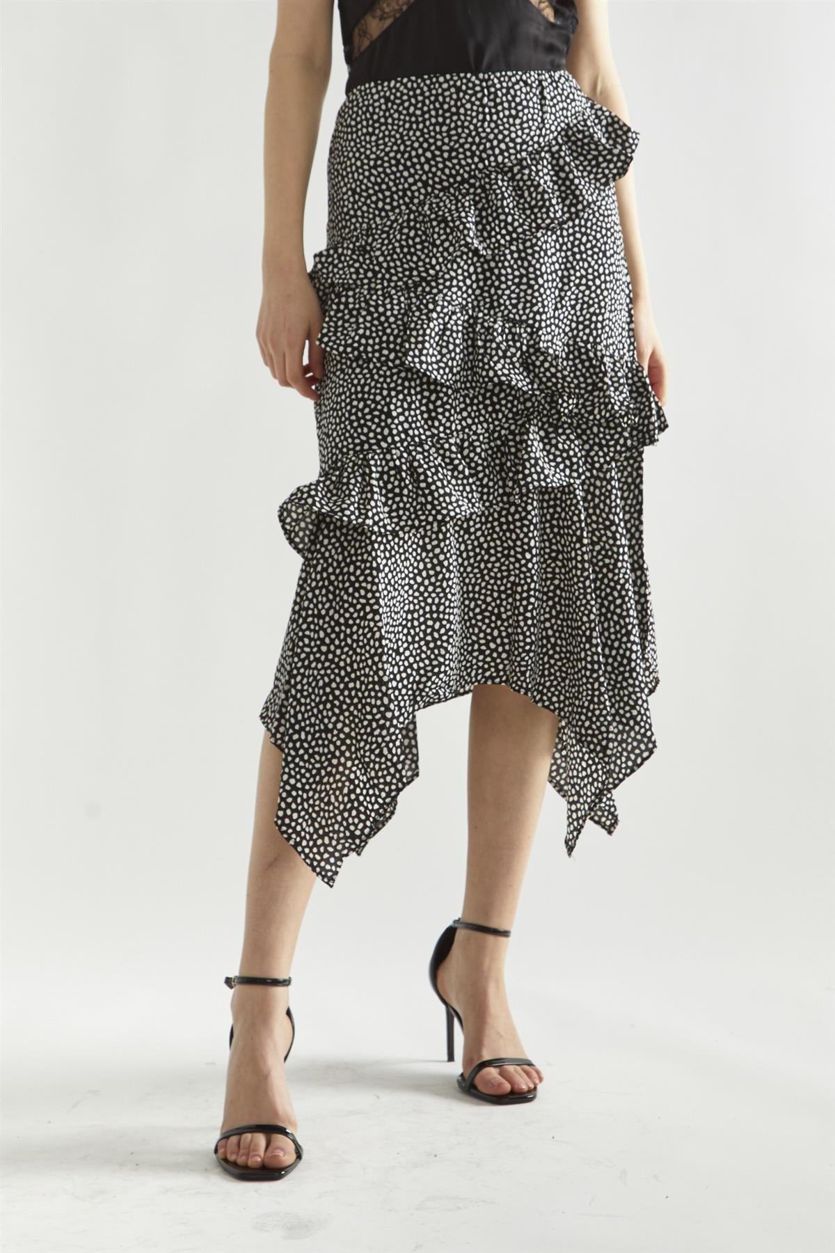 Black-Animal Spot Asymmetric Ruffle Midi-Skirt