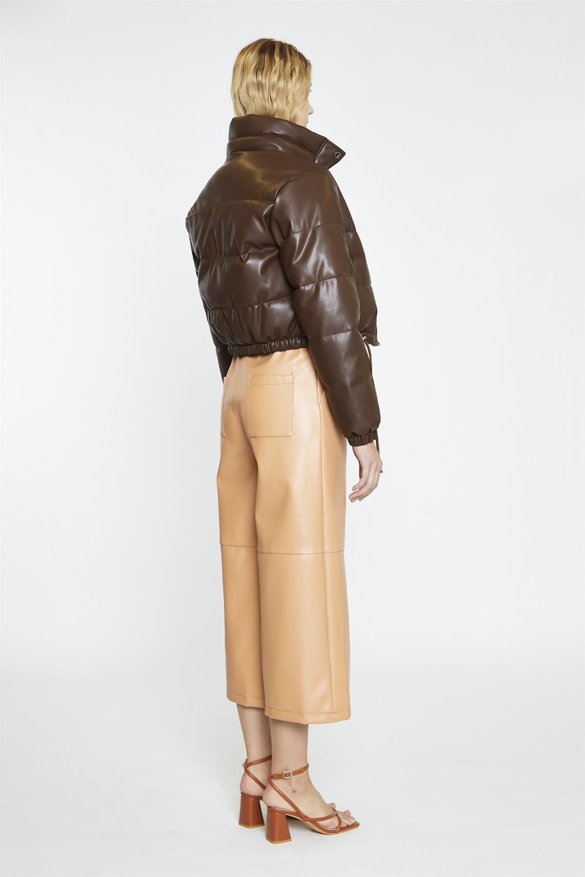 Brown PU Puffer Cropped-Jacket