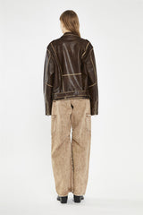 Brown Distressed-PU Oversized Biker-Jacket