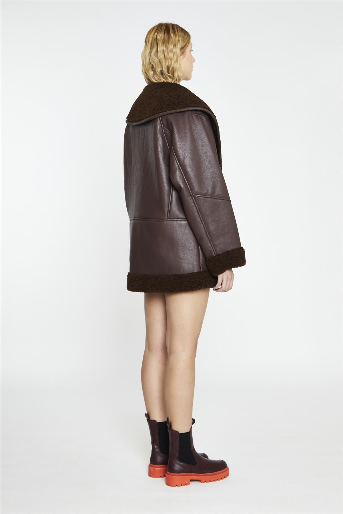 Rich-Brown Oversized Faux-Shearling -Coat