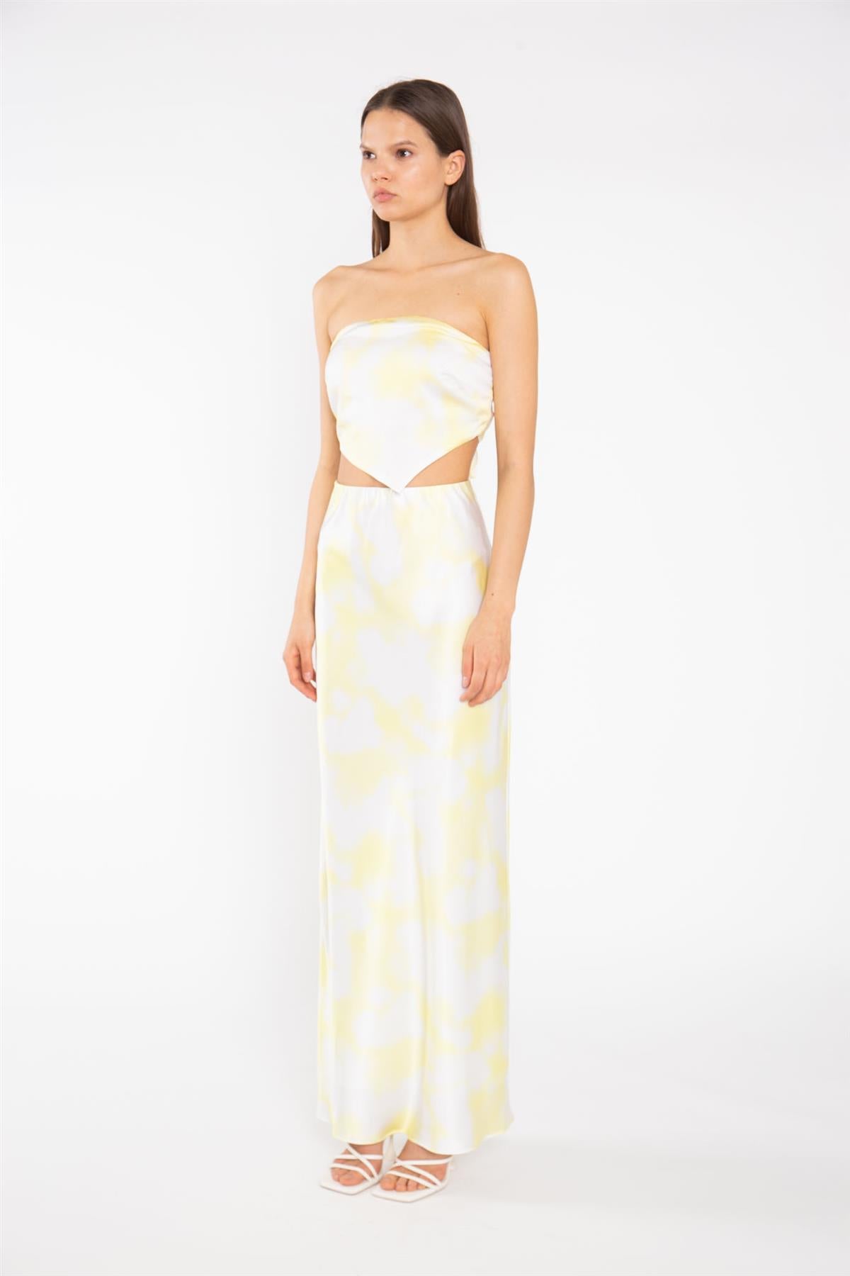 Yellow Print-Satin Bias-Cut Maxi-Skirt